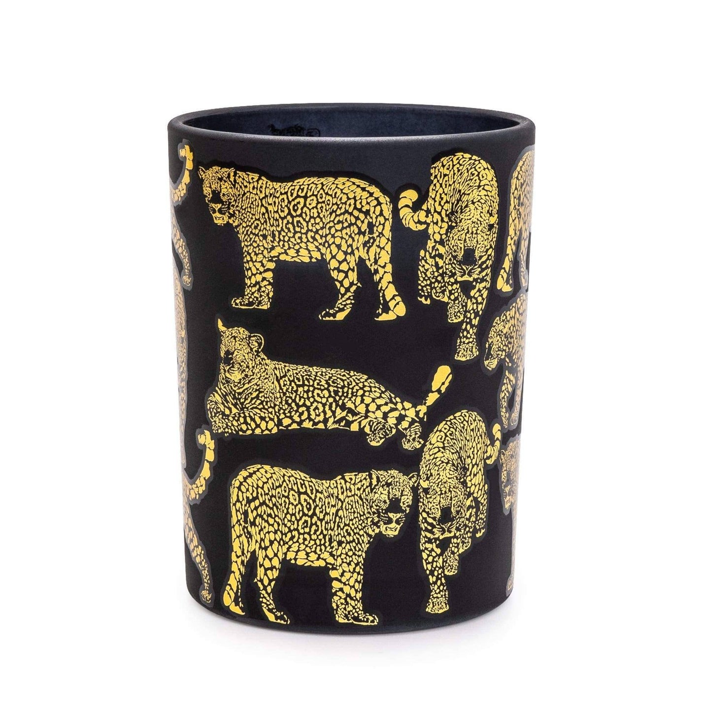 Matte Black and Gold Round Leopard Print Candle - Midnight Pomegranate Scent