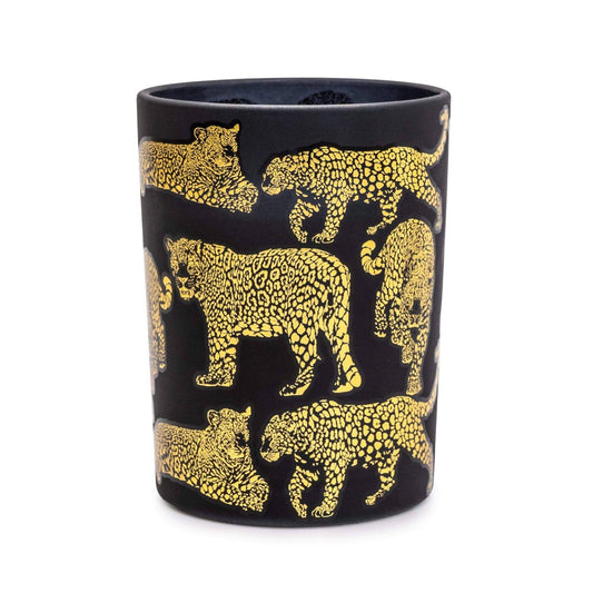 Matte Black and Gold Round Leopard Print Candle - Midnight Pomegranate Scent