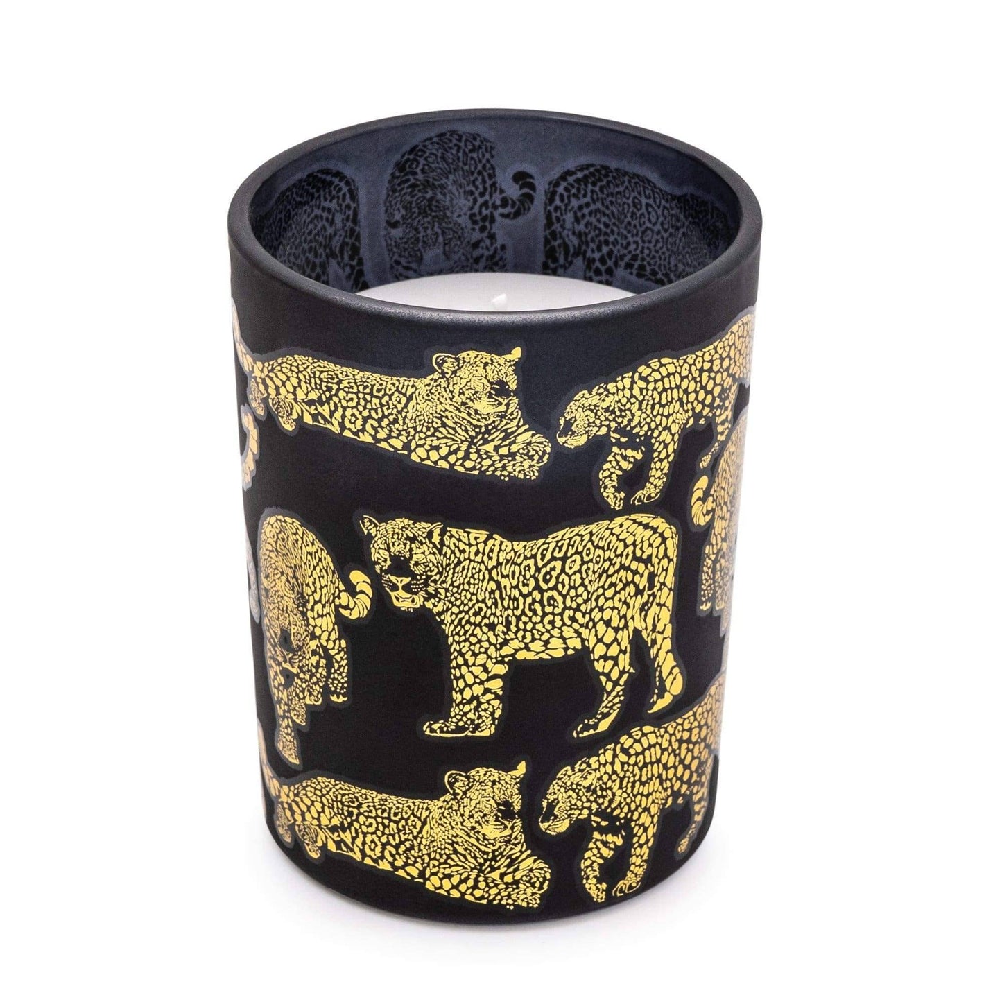 Matte Black and Gold Round Leopard Print Candle - Midnight Pomegranate Scent